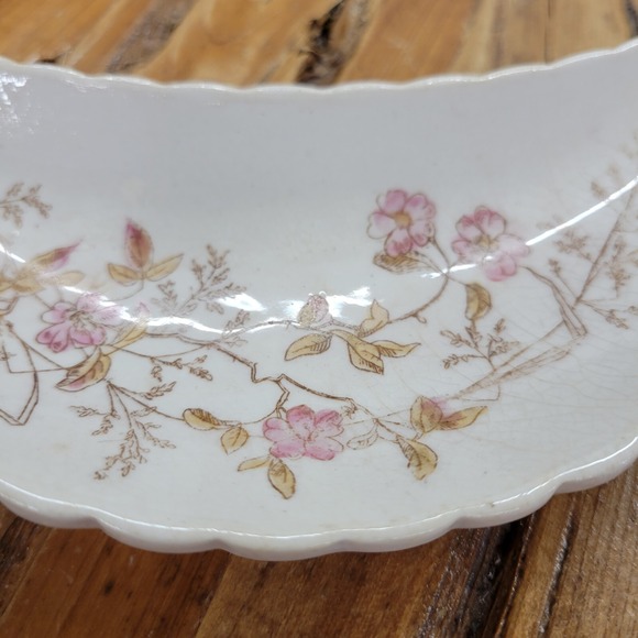 Antique Wheelock China Store Crescent Shape Bone Trinket Jewelry Dish Floral USA - Picture 4 of 9